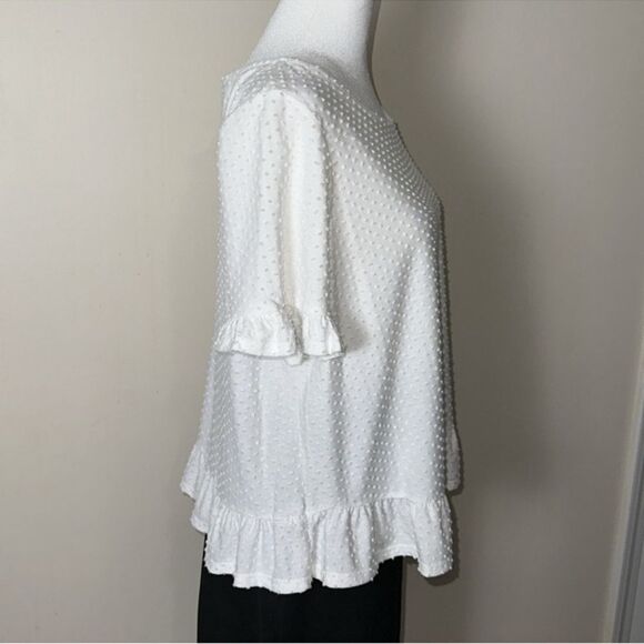 W5 x Anthro L White Swiss Dot Short Ruffle Sleeve & Hem Top - Picture 6 of 9